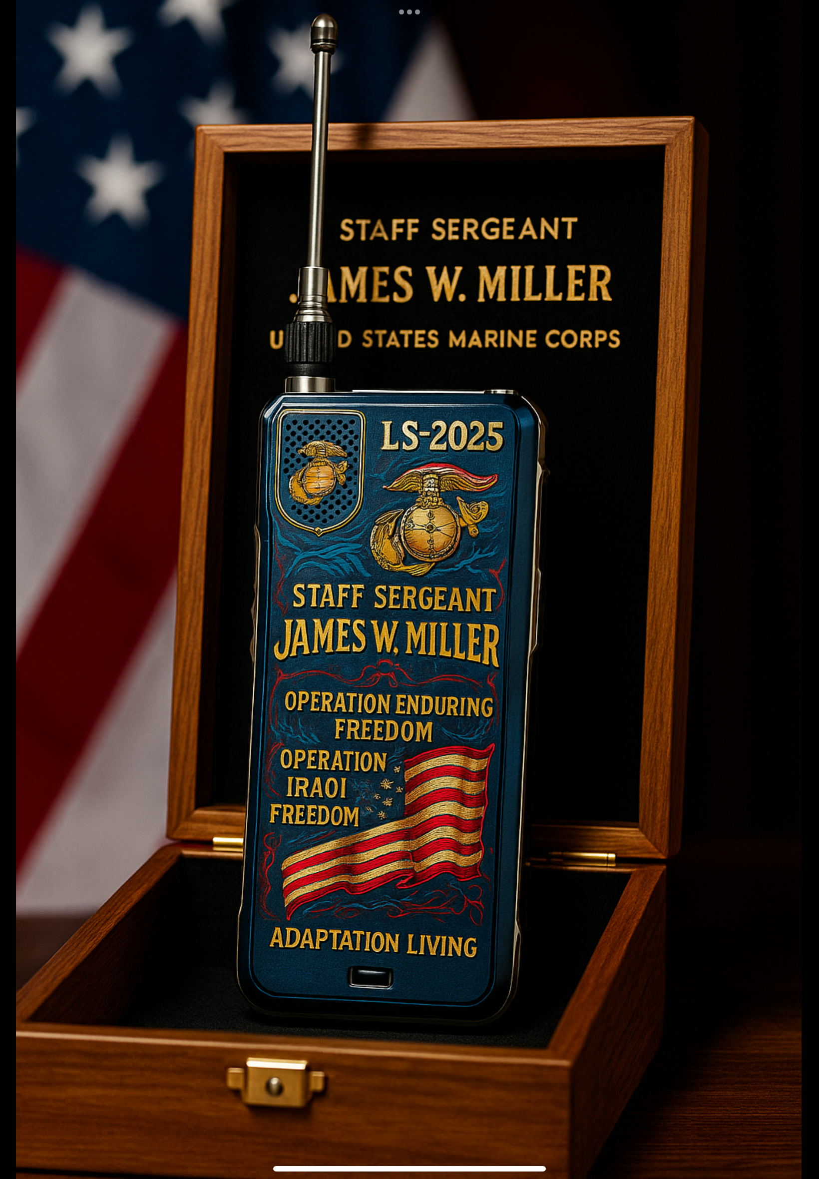 LS-2025 prototype device artwork with Marine Corps themed design and presentation case.