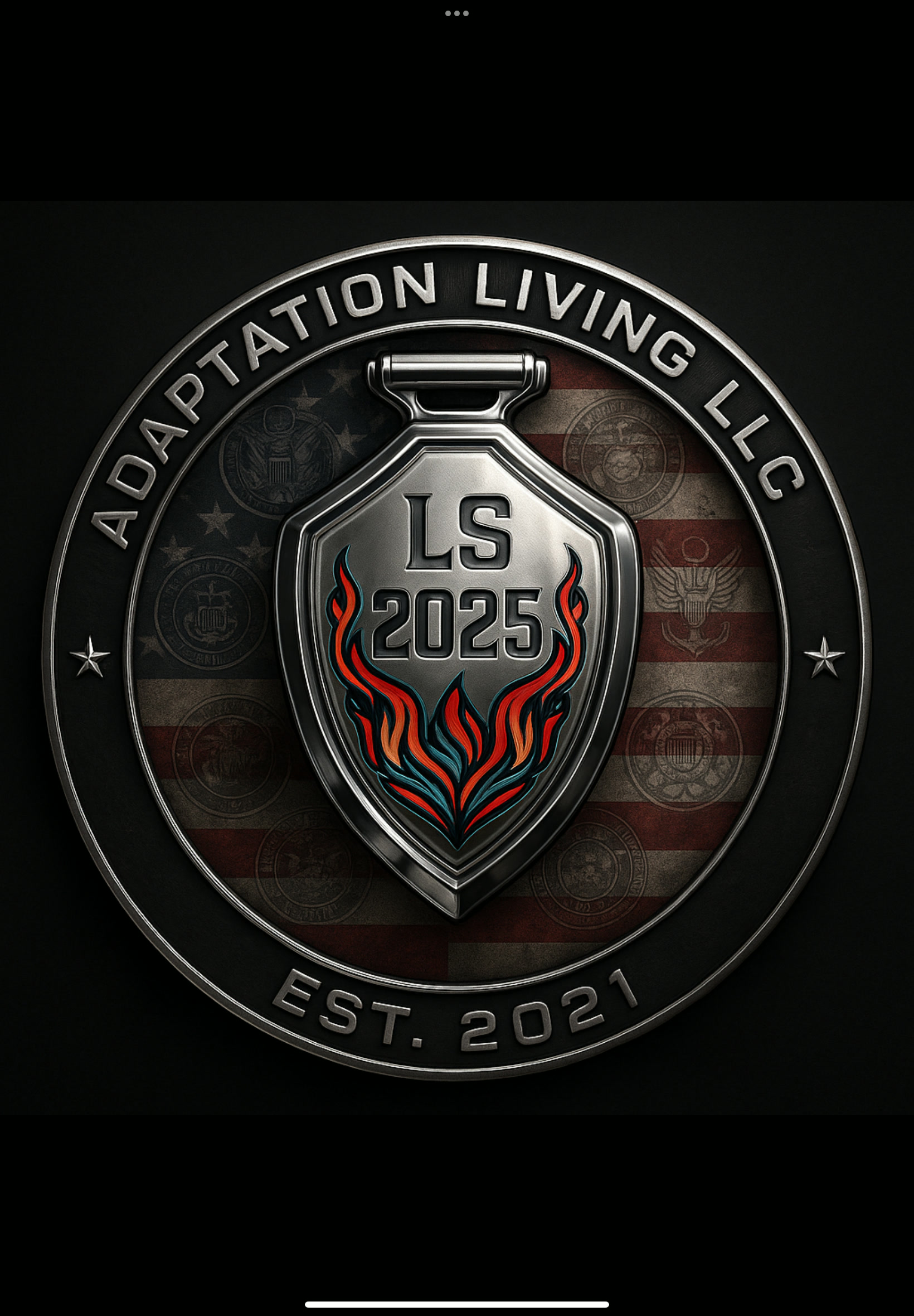 Adaptation Living LS-2025 emblem with American flag and service seals.